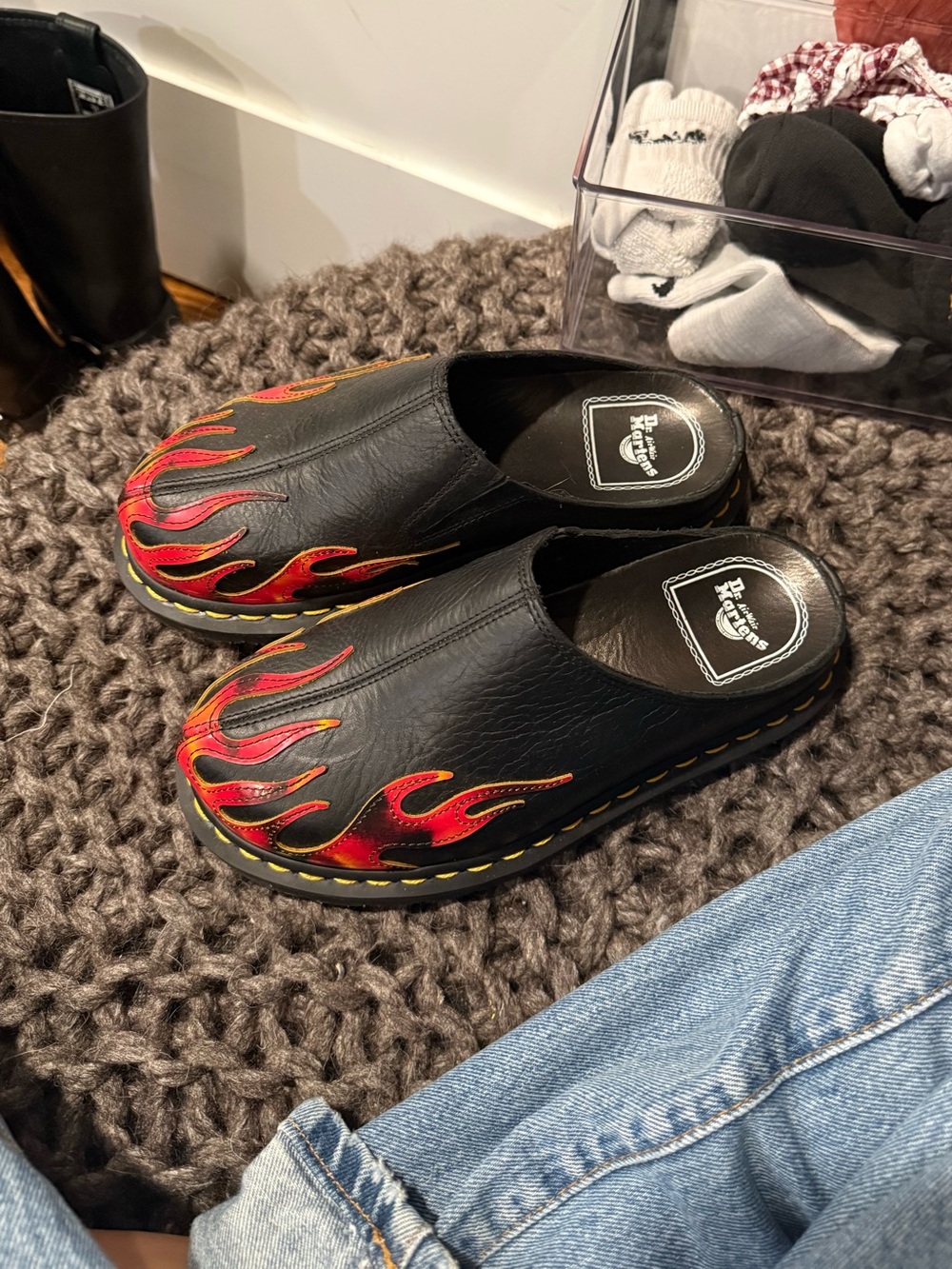 Dr. Martens Black Slip-On Clogs with Red and Orange Flame Design
